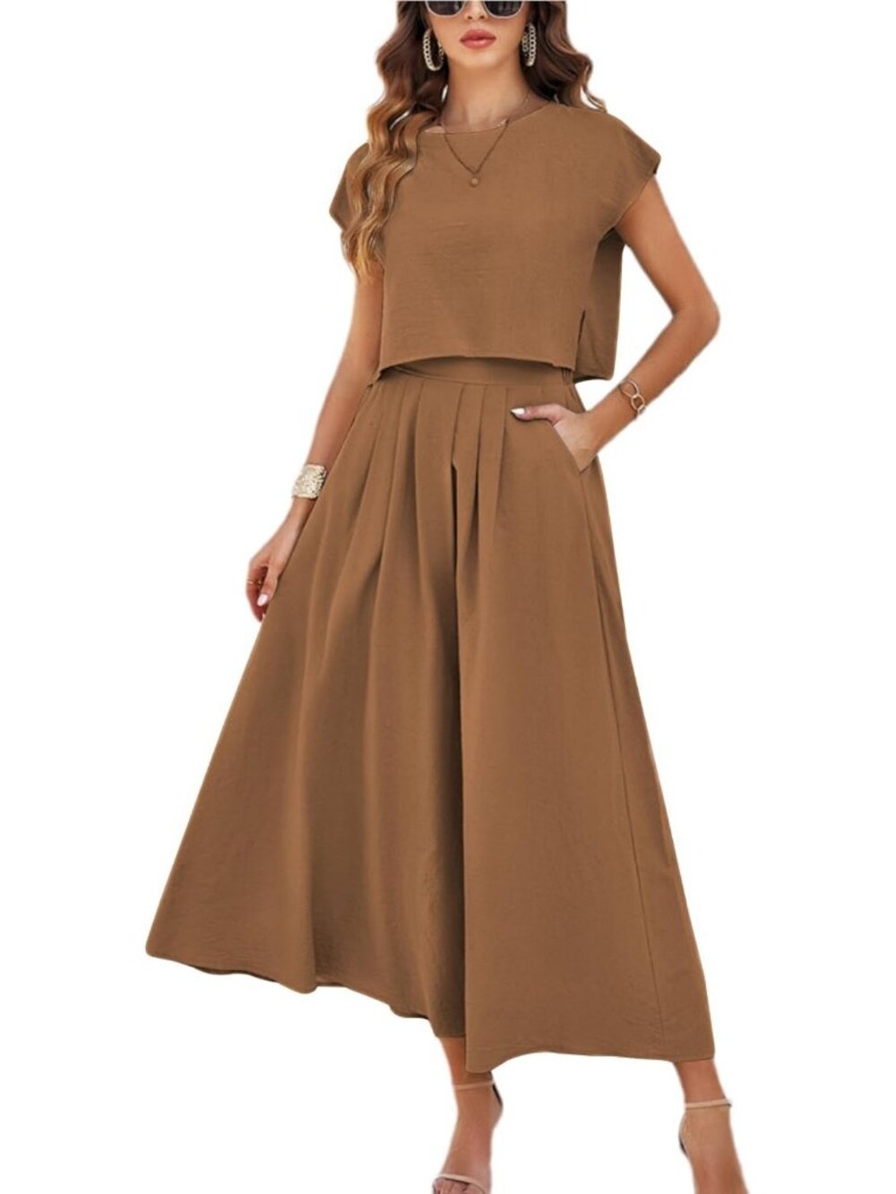 Women's Brown Casual 2 Piece Outfits Crop Tops Cap Sleeve Waisted Maxi Dresses